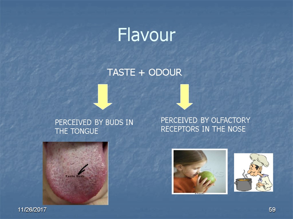 Flavour TASTE + ODOUR PERCEIVED BY BUDS IN THE TONGUE PERCEIVED BY OLFACTORY RECEPTORS Flavour TASTE + ODOUR PERCEIVED BY BUDS IN THE TONGUE PERCEIVED BY OLFACTORY RECEPTORS